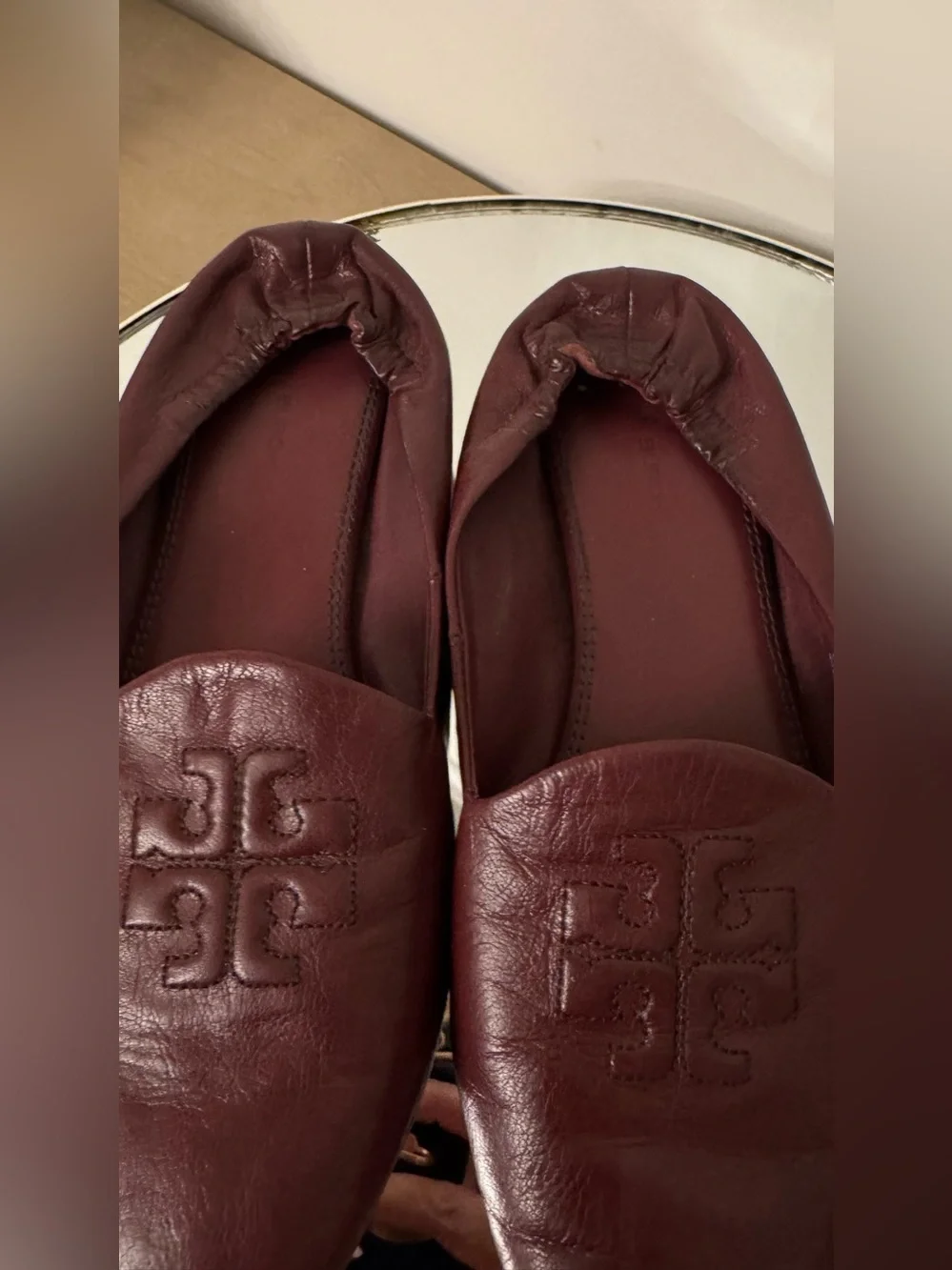 Tory Burch Burgundy Leather Logo Ballet Flats